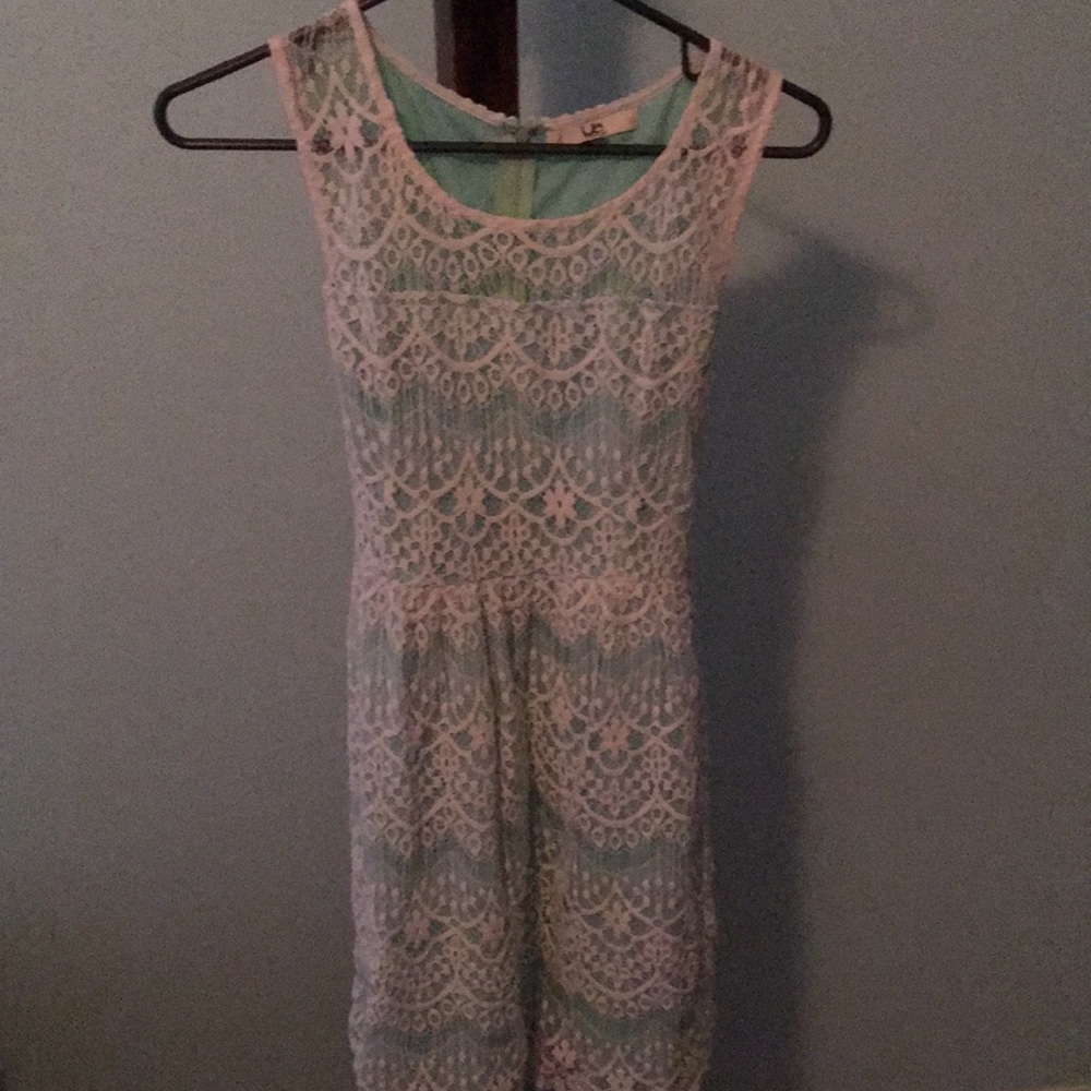 Mint with white lace dress